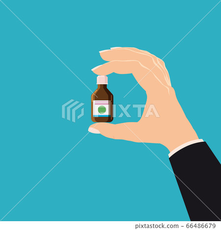 Hand hold pharmacy bottle glass medicine with screw cap for medicine, pills, tabs, drugs, cosmetic, sport, syrup. Template banner vector illustration isolated cartoon flat style 66486679