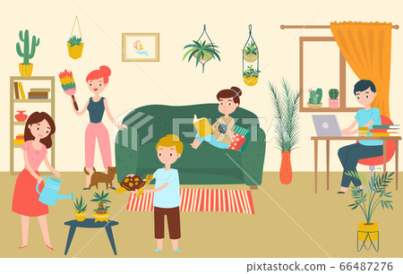 Family relax room, character father mother children stay home cartoon vector illustration. Group people spend time household. Family relax room, character father mother children stay home cartoon vector illustration. Group people spend time household. 66487276