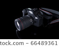 Professional digital camera with a zoom lens and a leather strap on a black background with copy space. View from above. Realistic 3d render. Place for advertising text. Reflection at bottom 66489361