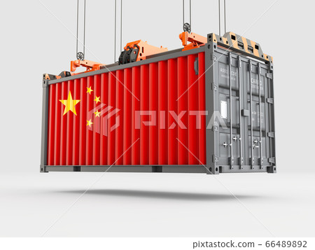 Container with China Flag and Crane Hook. 3D rendering Container with China Flag and Crane Hook. 3D rendering 66489892