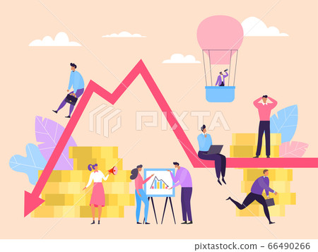Economic down business crisis, worker panic concept vector illustration. Man and woman on chart looking for ways to solve problem Economic down business crisis, worker panic concept vector illustration. Man and woman on chart looking for ways to solve problem 66490266