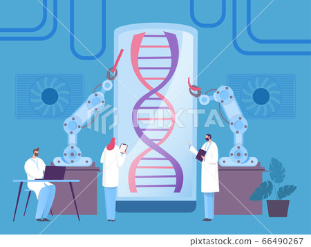 Dna research robot concept, modern biological experiment, vector illustration. Man and woman, scientist examine organism part. Dna research robot concept, modern biological experiment, vector illustration. Man and woman, scientist examine organism part. 66490267