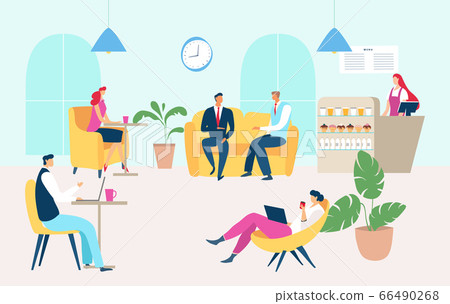 Working people dining time in company cafe, vector illustration. Cafeteria for employees, man woman people relax at couch 66490268