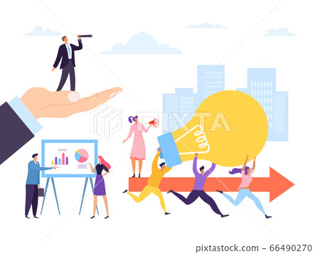Creative people worker running with idea concept, vector illustration. Teamwork with lightbulb, leader man woman with binoculars 66490270