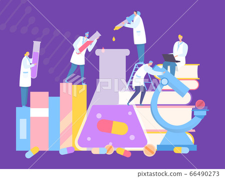 Clinical research laboratory drug, doctor teamwork vector illustration. Man and woman in medical gown conducting experiment 66490273