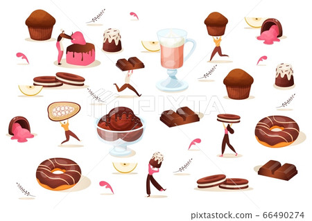 Chocolate desserts with little people set, vector illustration. Candy, cupcake and cookies, sweet food and drinks. Man woman Chocolate desserts with little people set, vector illustration. Candy, cupcake and cookies, sweet food and drinks. Man woman 66490274
