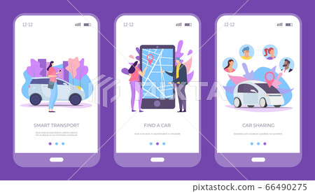 Find car, smart transport and car sharing set, vector illustration. Rental vehicle service, smartphone application online. Find car, smart transport and car sharing set, vector illustration. Rental vehicle service, smartphone application online. 66490275