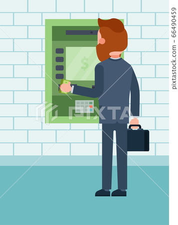 Businessman withdrew cash amount from credit card, male character topped up currency account teller machine isolated on white, flat vector illustration. Businessman withdrew cash amount from credit card, male character topped up currency account teller machine isolated on white, flat vector illustration. 66490459