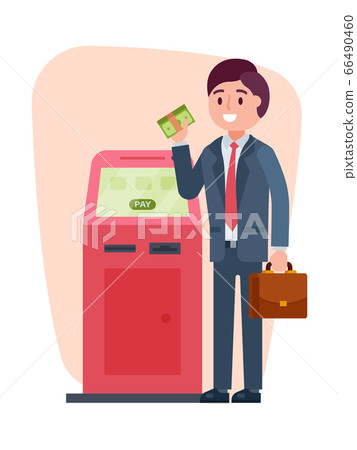 Businessman add cash dollar atm, male character topped up currency account teller machine isolated on white, flat vector illustration. Businessman add cash dollar atm, male character topped up currency account teller machine isolated on white, flat vector illustration. 66490460