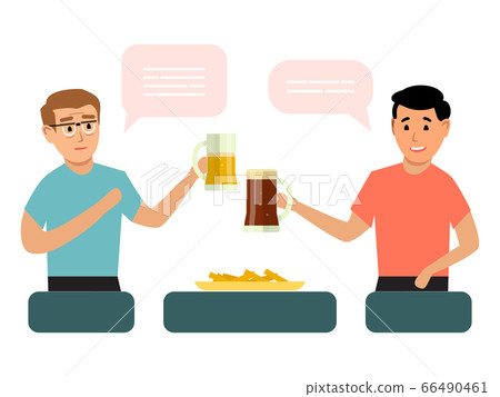Friend male character talk conversation, drink beer bar chatting box isolated on white, flat vector illustration. Man together hand hold glass ale. Friend male character talk conversation, drink beer bar chatting box isolated on white, flat vector illustration. Man together hand hold glass ale. 66490461