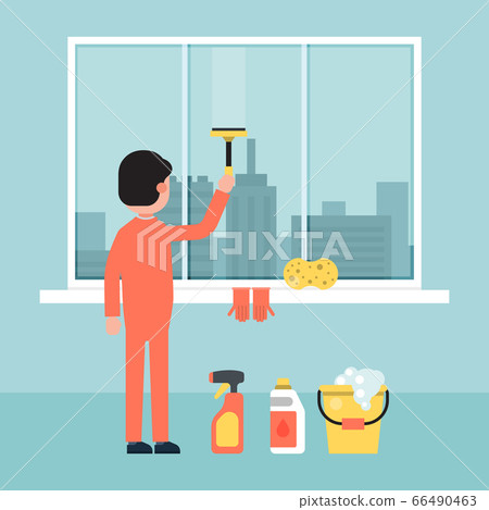Character male cleaning building window, wash screen city background flat vector illustration. Design urban service personnel construction. Character male cleaning building window, wash screen city background flat vector illustration. Design urban service personnel construction. 66490463