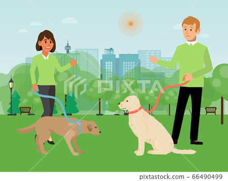 Voluntary people character male, female walking dog flat vector illustration. Volunteer assistant help hound owner, walk city national park. Voluntary people character male, female walking dog flat vector illustration. Volunteer assistant help hound owner, walk city national park. 66490499