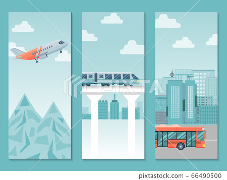 Different travel way business poster, country trip train, airplane and bus flat vector illustration. People journey around world. Different travel way business poster, country trip train, airplane and bus flat vector illustration. People journey around world. 66490500
