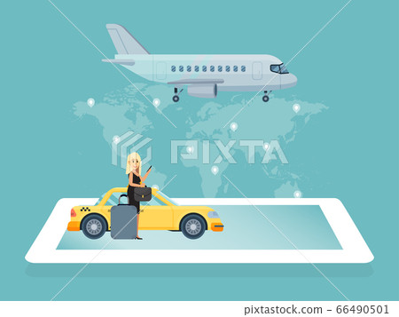 Airport taxi car, character female go international terminal, woman passenger order cab concept flat vector illustration. Airport taxi car, character female go international terminal, woman passenger order cab concept flat vector illustration. 66490501