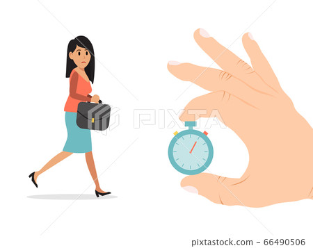 Hold hand gold pocket watch, businesswoman character delay work meeting isolated on white, flat vector illustration. Female business appointment. 66490506