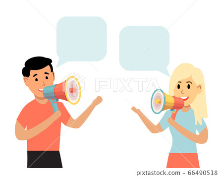 People talk megaphone, chat box isolated on white, flat vector illustration. Loud conversation character male female standing gossip frame. People talk megaphone, chat box isolated on white, flat vector illustration. Loud conversation character male female standing gossip frame. 66490518