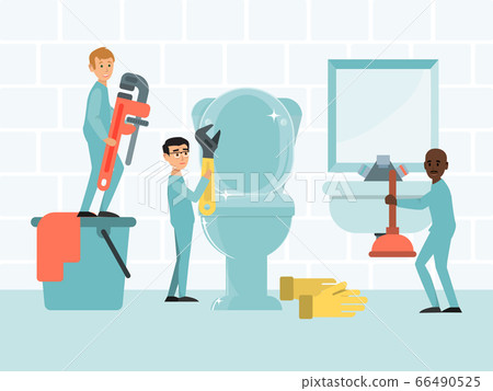 Tiny character plumbing service working concept, flat vector illustration. Washing machine repair, toilet and sink. Wrench plunger labour tool. Tiny character plumbing service working concept, flat vector illustration. Washing machine repair, toilet and sink. Wrench plunger labour tool. 66490525