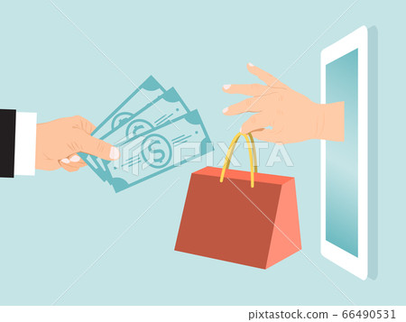 Hand hold cash money, woman arm take handbag, online shopping vector illustration. Female use gadget for buying fashionable thing internet. 66490531