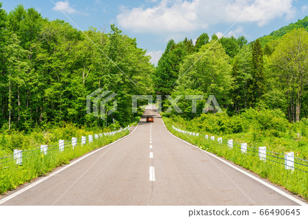 Scenery of Bandai Azuma Lake Line in early summer Blue sky and straight road Inawashiro Town, Fukushima Prefecture Scenery of Bandai Azuma Lake Line in early summer Blue sky and straight road Inawashiro Town, Fukushima Prefecture 66490645