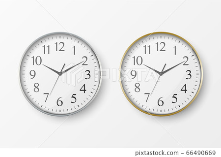 Vector 3d Realistic Simple Round Silver and Golden Wall Office Clock with White Dial Icon Set Closeup Isolated on White Background. Design Template, Mock-up for Branding, Advertise. Front or Top View Vector 3d Realistic Simple Round Silver and Golden Wall Office Clock with White Dial Icon Set Closeup Isolated on White Background. Design Template, Mock-up for Branding, Advertise. Front or Top View 66490669