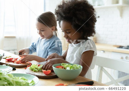 Multiracial little girls best friends cooking together in kitchen 66491220