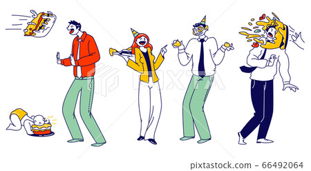 Characters Celebrate Event. Man in Business Suit got Cake in Face. Children First Birthday Party. Cheerful Baby Eating Cake with Hands Smearing Face, Surprise, Fun. Linear People Vector Illustration Characters Celebrate Event. Man in Business Suit got Cake in Face. Children First Birthday Party. Cheerful Baby Eating Cake with Hands Smearing Face, Surprise, Fun. Linear People Vector Illustration 66492064