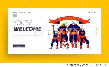 Super Family Landing Page Template. Characters Mother, Father, Son, Daughters and Little Baby Super Heroes. Mommy, Daddy and Children in Superhero Costumes Posing. Linear People Vector Illustration 66492154