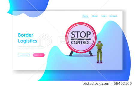 Border Guard Protect Territory Landing Page Template. Male Character in Military Uniform with Binoculars Keep Watch on Stop Control Post. Soldier Protecting Secret Area. Cartoon Vector Illustration 66492169