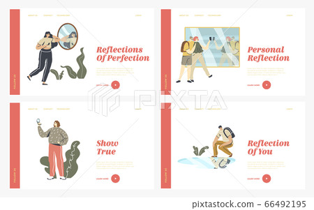 People Look at Mirror Reflection Landing Page Template Set. Self-assessment and Personal Appearance. Characters Admire themselves Passing by Store Showcase Puddle on Ground. Linear Vector Illustration People Look at Mirror Reflection Landing Page Template Set. Self-assessment and Personal Appearance. Characters Admire themselves Passing by Store Showcase Puddle on Ground. Linear Vector Illustration 66492195