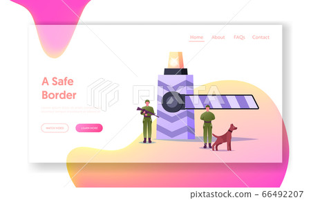 Territory Patrol Landing Page Template. Border Guard Characters with Gun and Dog Protect Border from Illegal Immigrants at Stop Control with Barrier. Cartoon People .Cartoon Vector Illustration 66492207