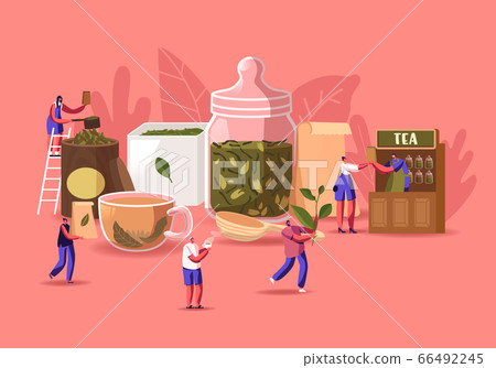 Tea Shop Concept. Tiny Male and Female Characters Packing, Sell and Buying Dry Tea Leaves at Huge Glass Jar and Cup with Fresh Beverage. Hot Drink Brew Retail. Cartoon People Vector Illustration 66492245