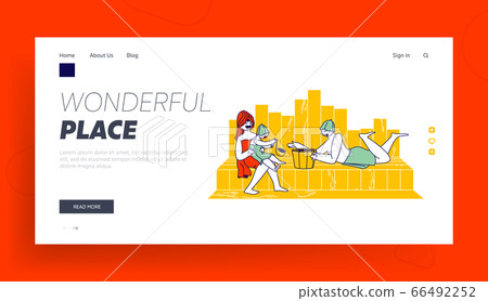 Happy Family with Kid Spend Time in Sauna Landing Page Template. Mother, Father and Little Baby Characters Relaxing and Applying Hygiene Procedures Sit on Shelf. Linear People Vector Illustration 66492252