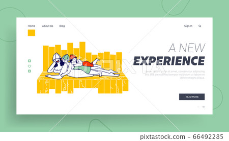 Family Relaxing in Sauna Landing Page Template. Mother with Kids Spend Time in Spa Apply Hygiene Procedures. .Characters Bathing, Children Lying on Mom Back at Shelf. Linear People Vector Illustration 66492285