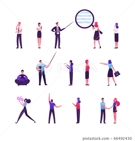 Set of Male and Female Business People Using Gadgets, Learning Information with Huge Magnifying Glass and Pointer, Office Characters Making Deal and Conduct Negotiation. Cartoon Vector Illustration Set of Male and Female Business People Using Gadgets, Learning Information with Huge Magnifying Glass and Pointer, Office Characters Making Deal and Conduct Negotiation. Cartoon Vector Illustration 66492430