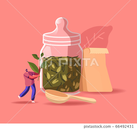 Tiny Male Character Holding Huge Tea Plant Branch with Glass Jar, Wooden Spoon and Paper Pack around. Host Waiting Guest Friends at Home for Tea Ceremony, Hospitality. Cartoon Vector Illustration Tiny Male Character Holding Huge Tea Plant Branch with Glass Jar, Wooden Spoon and Paper Pack around. Host Waiting Guest Friends at Home for Tea Ceremony, Hospitality. Cartoon Vector Illustration 66492431