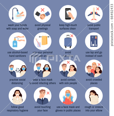 Coronavirus disease Covid-19, flu virus protection icons set in white circles on blue background. Infection prevention tips infographic. Epidemic pandemic health protection Medical vector illustration 66492433