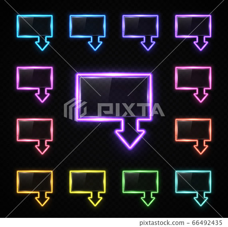 Neon arrow sign on transparent background. Color direction pointer symbol set with text space. Glowing light night street banner Retro design frame Electric lamp tube border Bright vector illustration 66492435