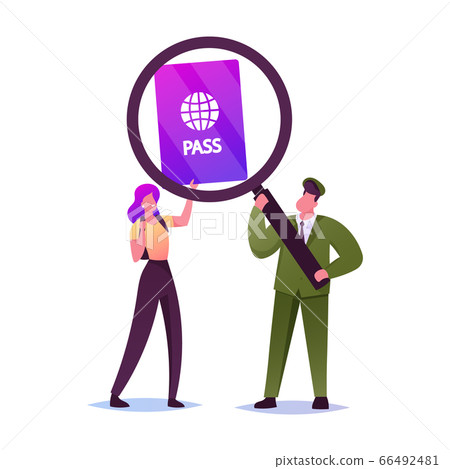 Military Guard Character Look on Passport of Woman Crossing Border. Visa Approval, Traveling Concept. Worker Control Woman Tourist Leaving Country for Trip Abroad. Cartoon People Vector Illustration 66492481