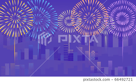 Colorful fireworks launched into the cityscape at night 66492721