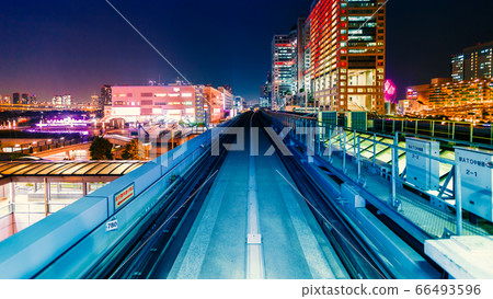 POV train motion blurred concept from the Yuikamome monorail in Tokyo, Japan 66493596