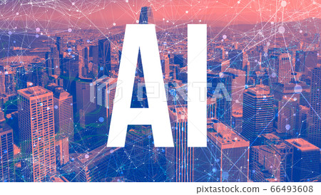 Artificial Intelligence theme with abstract network patterns and skyscrapers Artificial Intelligence theme with abstract network patterns and skyscrapers 66493608