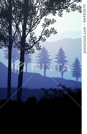 Natural forest mountains horizon hills silhouettes of trees. Evening Sunrise and sunset. Landscape wallpaper. Illustration vector style. Colorful view background. 66493679
