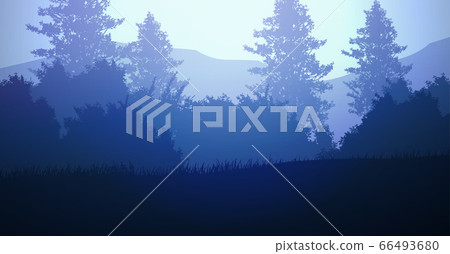 Natural forest mountains horizon hills silhouettes of trees. Evening Sunrise and sunset. Landscape wallpaper. Illustration vector style. Colorful view background. 66493680
