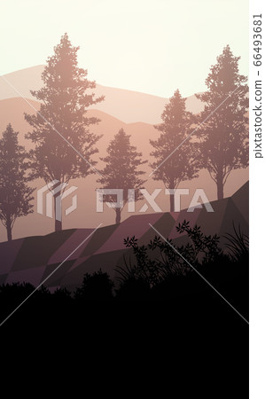 Natural forest mountains horizon hills silhouettes of trees. Evening Sunrise and sunset. Landscape wallpaper. Illustration vector style. Colorful view background. 66493681