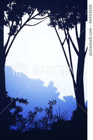 Natural forest mountains horizon hills silhouettes of trees. Evening Sunrise and sunset. Landscape wallpaper. Illustration vector style. Colorful view background. 66493688