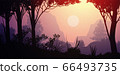 Natural forest mountains horizon hills silhouettes of trees. Evening Sunrise and sunset. Landscape wallpaper. Illustration vector style. Colorful view background. 66493735