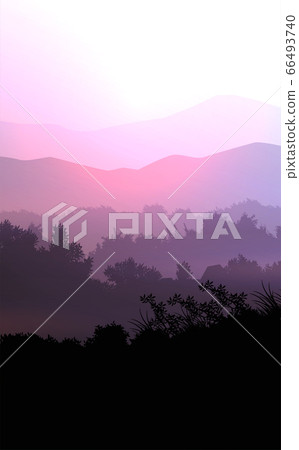 Natural forest mountains horizon hills silhouettes of trees. Evening Sunrise and sunset. Landscape wallpaper. Illustration vector style. Colorful view background. 66493740