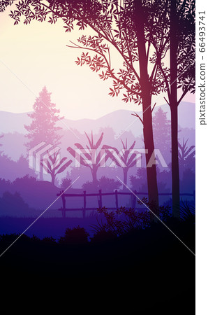 Natural forest mountains horizon hills silhouettes of trees. Evening Sunrise and sunset. Landscape wallpaper. Illustration vector style. Colorful view background. 66493741