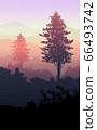 Natural forest mountains horizon hills silhouettes of trees. Evening Sunrise and sunset. Landscape wallpaper. Illustration vector style. Colorful view background. 66493742