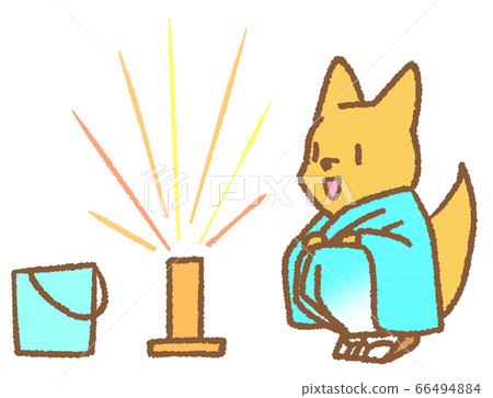 A fox (light blue) wearing eruption fireworks and a yukata A fox (light blue) wearing eruption fireworks and a yukata 66494884